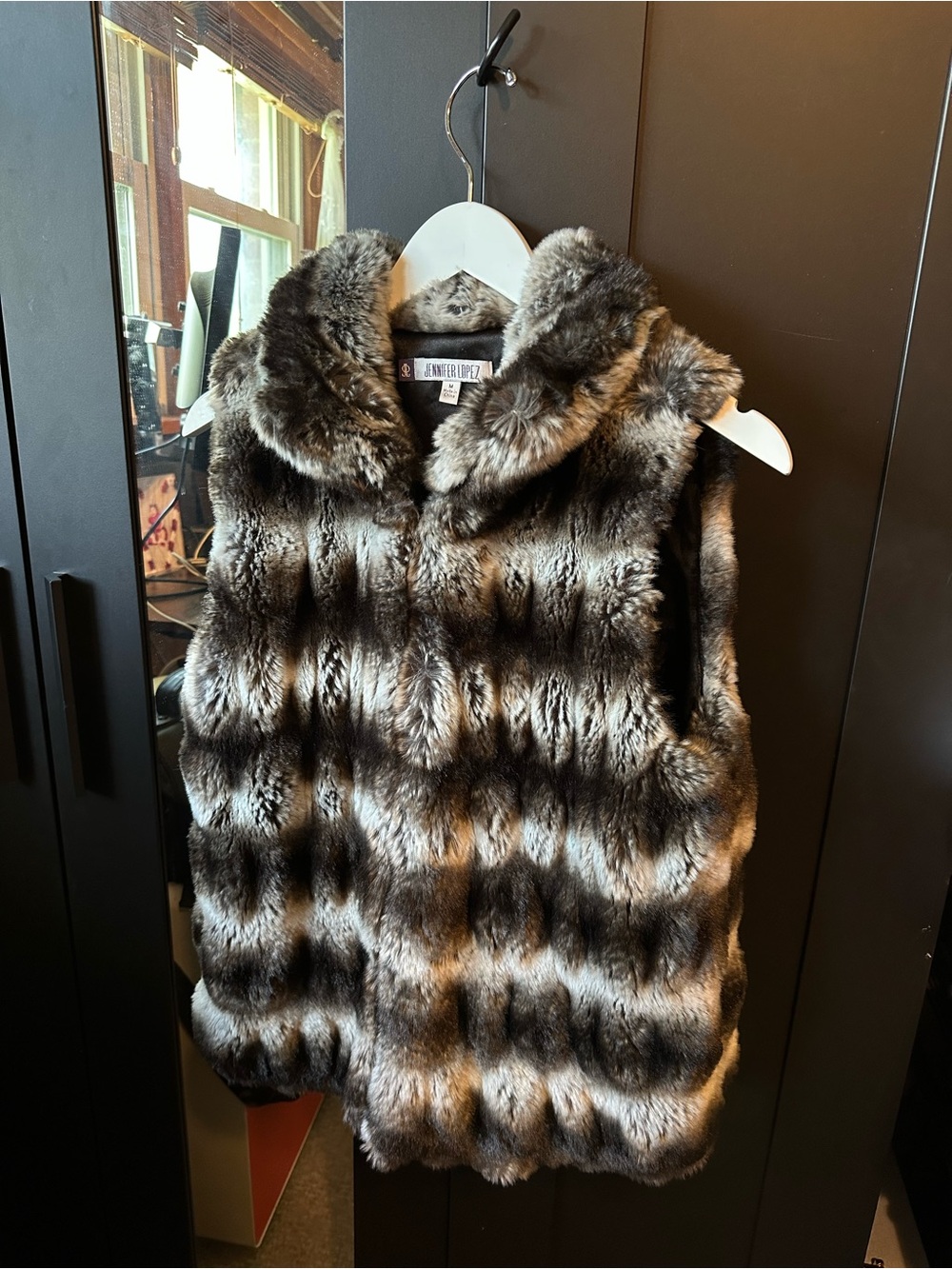 Jennifer Lopez Black and Silver Faux Fur Vest